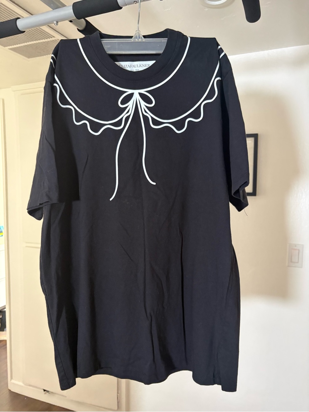 Black Short Sleeve Tee with White Peter Pan Collar Graphic